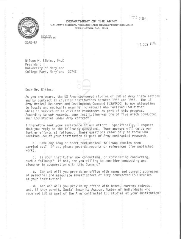Memo for follow-up LSD studies from U.S. Army to Wilson H. Elkins of the University of Maryland